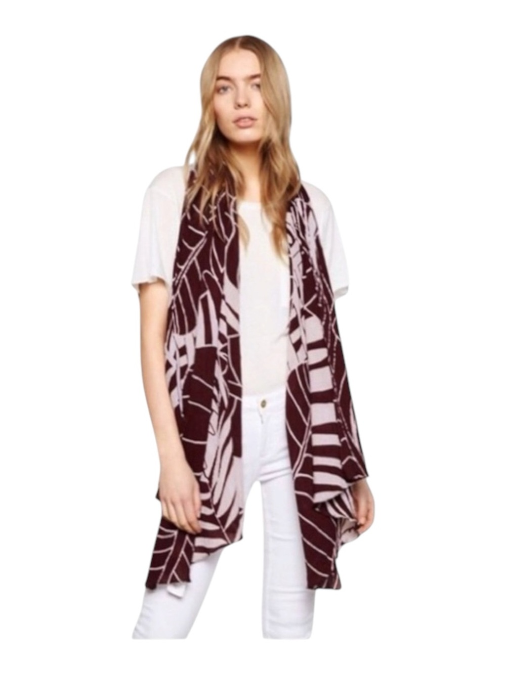 new Liebeskind Berlin 𑁍 Woven Jungle Leaf Print Scarf 𑁍 Wine 𑁍 Made in India - Picture 3 of 16